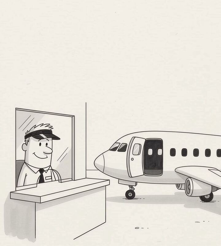 Ink drawing of an airline ticket agent at a counter with a jet parked outside