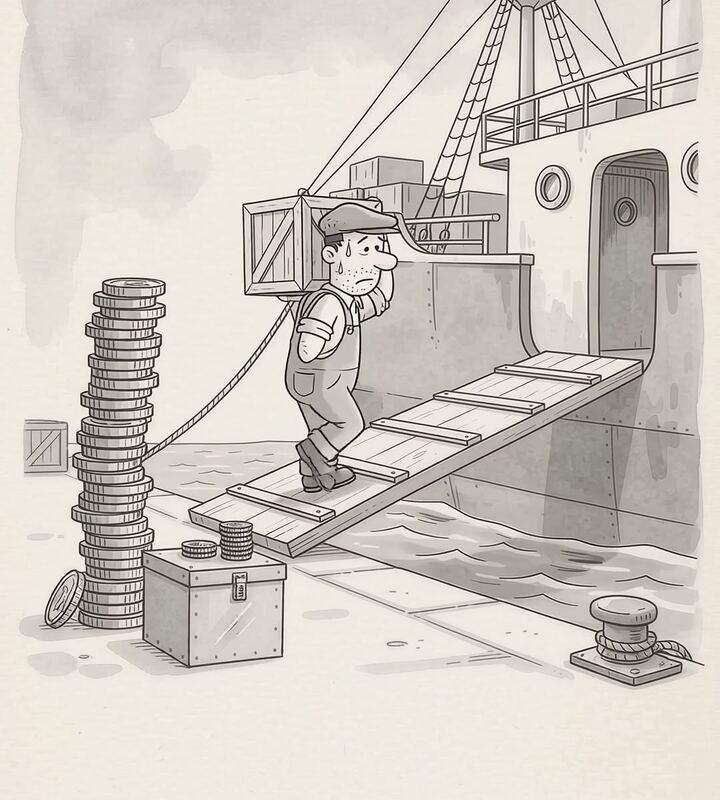 Ink drawing of a dock worker carrying a crate up a gangway onto a cargo ship