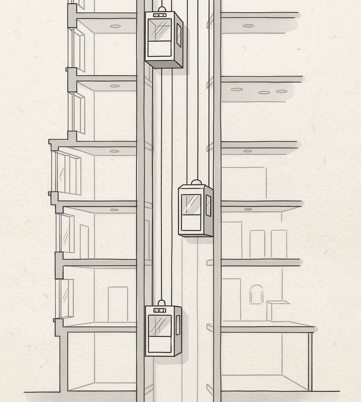 Ink drawing of three elevator cars in a shaft, seen through a cutaway of the building